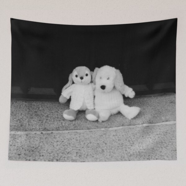 Item preview, BLACK AND WHITE PHOTOGRAPHY - PLUSH TOYS - A DOG AND A RABBIT SITTING  AT FRONT DOOR - SPENTRUP  CHURCH - SPENTRUP DENMARK. designed and sold by Most1234.