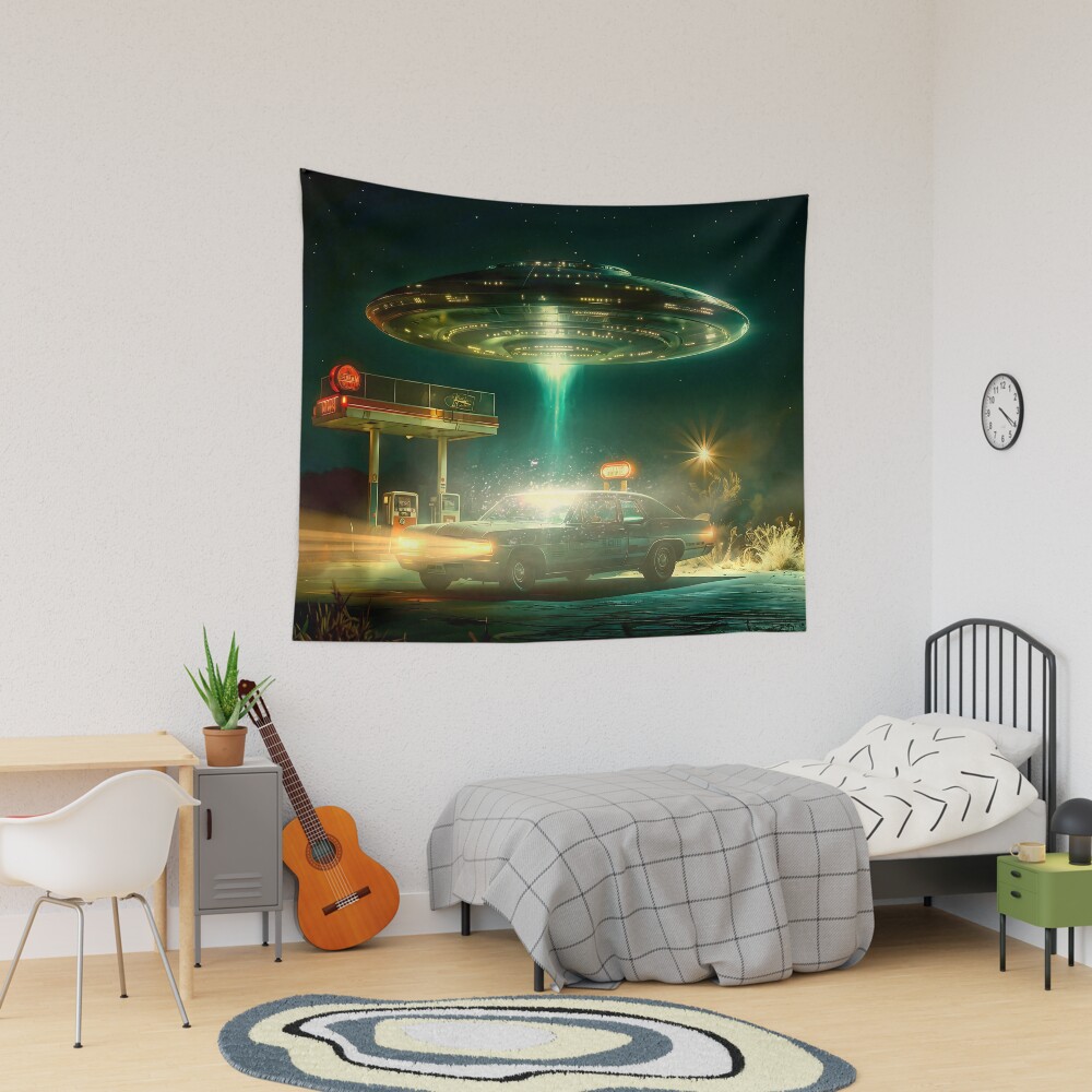 UFO over a gas station - vintage Poster