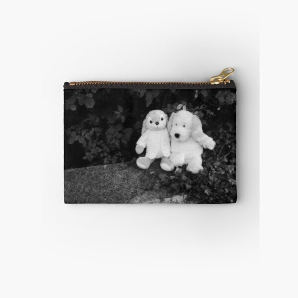 Item preview, BLACK AND WHITE PHOTOGRAPHY - PLUSH TOYS - A DOG AND A RABBIT SITTING  ON STONE WALL LOCATED IN FRONT OF THE OLD PARSONAGE  - SPENTRUP  CHURCHYARD - SPENTRUP DENMARK. designed and sold by Most1234.