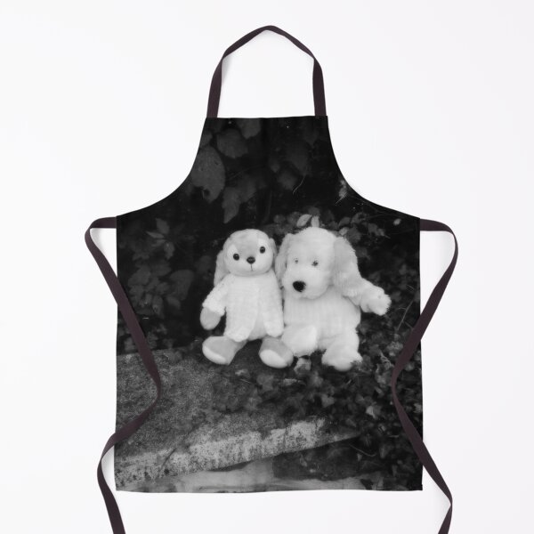Item preview, BLACK AND WHITE PHOTOGRAPHY - PLUSH TOYS - A DOG AND A RABBIT SITTING ON STONE WALL LOCATED IN FRONT OF THE OLD PARSONAGE - SPENTRUP CHURCHYARD - SPENTRUP DENMARK. designed and sold by Most1234.