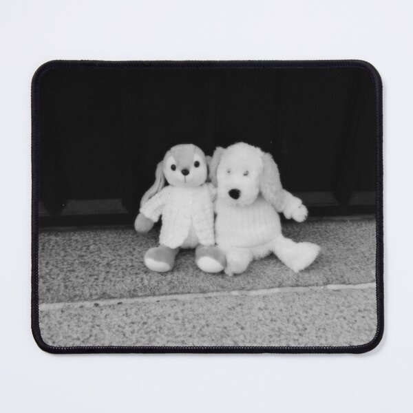 Item preview, BLACK AND WHITE PHOTOGRAPHY - PLUSH TOYS - A DOG AND A RABBIT SITTING  AT FRONT DOOR - SPENTRUP  CHURCH - SPENTRUP DENMARK. designed and sold by Most1234.