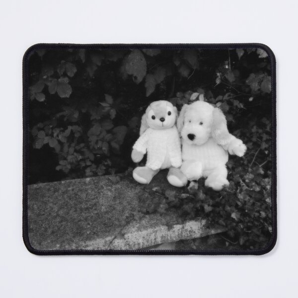 Item preview, BLACK AND WHITE PHOTOGRAPHY - PLUSH TOYS - A DOG AND A RABBIT SITTING ON STONE WALL LOCATED IN FRONT OF THE OLD PARSONAGE - SPENTRUP CHURCHYARD - SPENTRUP DENMARK. designed and sold by Most1234.