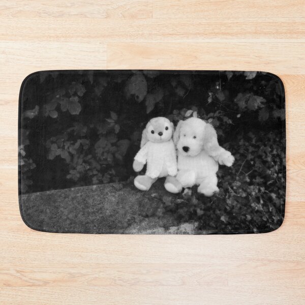 Item preview, BLACK AND WHITE PHOTOGRAPHY - PLUSH TOYS - A DOG AND A RABBIT SITTING  ON STONE WALL LOCATED IN FRONT OF THE OLD PARSONAGE  - SPENTRUP  CHURCHYARD - SPENTRUP DENMARK. designed and sold by Most1234.