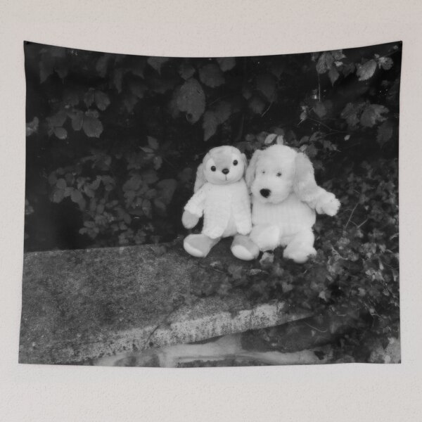 Item preview, BLACK AND WHITE PHOTOGRAPHY - PLUSH TOYS - A DOG AND A RABBIT SITTING  ON STONE WALL LOCATED IN FRONT OF THE OLD PARSONAGE  - SPENTRUP  CHURCHYARD - SPENTRUP DENMARK. designed and sold by Most1234.