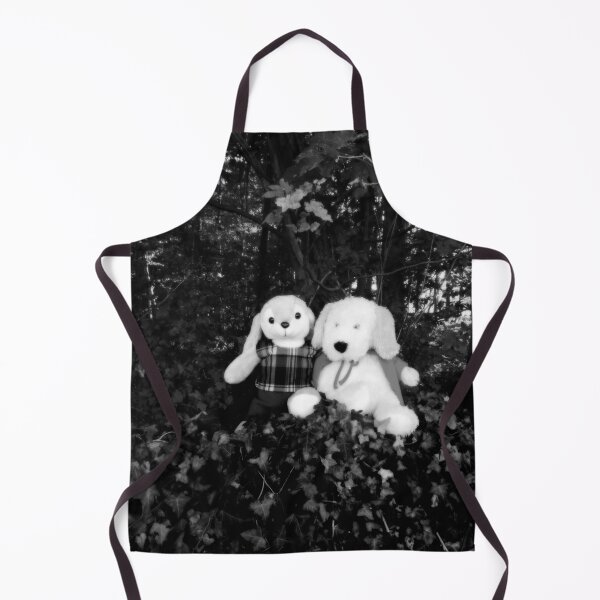Item preview, BLACK AND WHITE PHOTOGRAPHY - PLUSH TOYS - A DOG AND A RABBIT SITTING ON STONE WALL IN FRONT OF THE OLD VICARAGE FOREST -SPENTRUP CHURCHYARD - SPENTRUP DENMARK. designed and sold by Most1234.