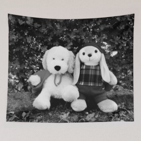 Item preview, BLACK AND WHITE PHOTOGRAPHY - PLUSH TOYS - A DOG AND A RABBIT SITTING  ON THE WALL SURROUNDING SPENTRUP CHURCHYARD - SPENTRUP DENMARK. designed and sold by Most1234.