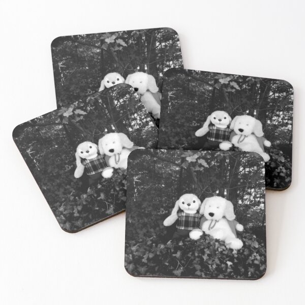 Item preview, BLACK AND WHITE PHOTOGRAPHY - PLUSH TOYS -  A DOG AND A RABBIT SITTING  ON  STONE WALL IN FRONT OF THE OLD VICARAGE FOREST -SPENTRUP CHURCHYARD - SPENTRUP DENMARK. designed and sold by Most1234.