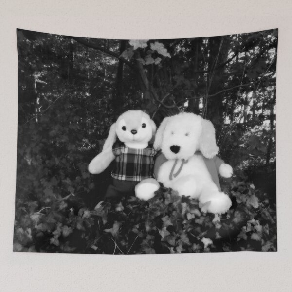 Item preview, BLACK AND WHITE PHOTOGRAPHY - PLUSH TOYS -  A DOG AND A RABBIT SITTING  ON  STONE WALL IN FRONT OF THE OLD VICARAGE FOREST -SPENTRUP CHURCHYARD - SPENTRUP DENMARK. designed and sold by Most1234.