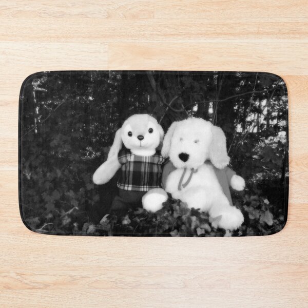 Item preview, BLACK AND WHITE PHOTOGRAPHY - PLUSH TOYS -  A DOG AND A RABBIT SITTING  ON  STONE WALL IN FRONT OF THE OLD VICARAGE FOREST -SPENTRUP CHURCHYARD - SPENTRUP DENMARK. designed and sold by Most1234.