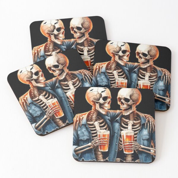 Item preview, Two skeleton friends drinking beer while hugging each other designed and sold by Maira Guerrero.