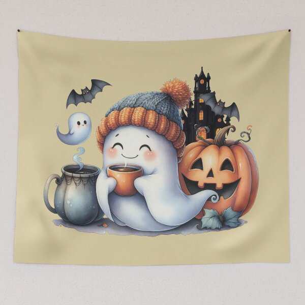 Item preview,  Ghost with pumpkins and a cup of coffee. designed and sold by MagelliShop.