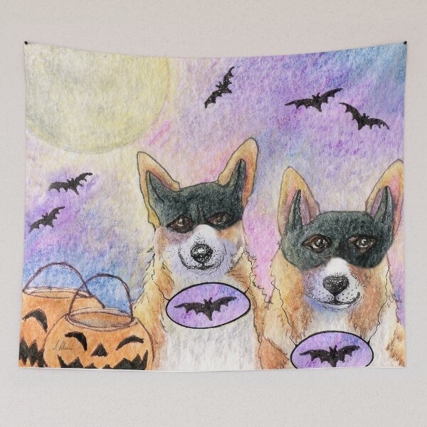 Item preview, Corgi dogs in Halloween costume with their trick or treat pumpkin pails designed and sold by SusanAlisonArt.