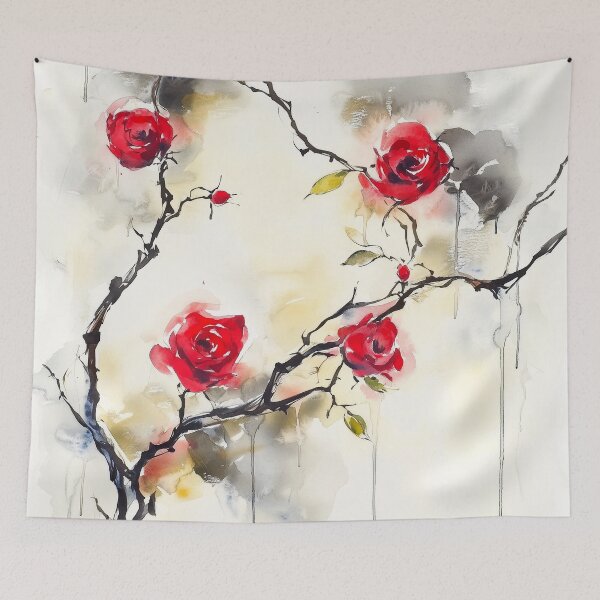 Item preview, Red Roses on Intertwined Branches – Watercolor Floral Art with Minimalistic Touch designed and sold by solynneart.