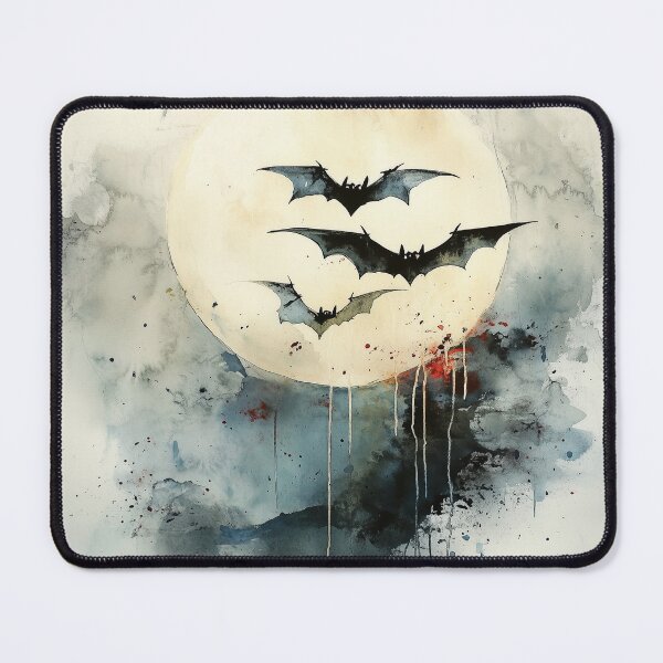 Artikelvorschau, Abstrakte Fledermäuse fliegen vor einem Vollmond – Aquarell-Halloween-Kunst entworfen und verkauft von solynneart.