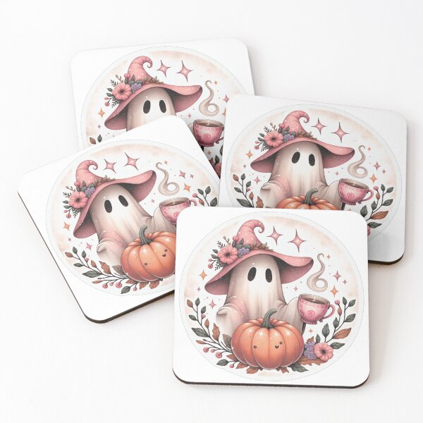 Item preview, Ghost with pumpkin and cup of coffee among flowers. designed and sold by MagelliShop.