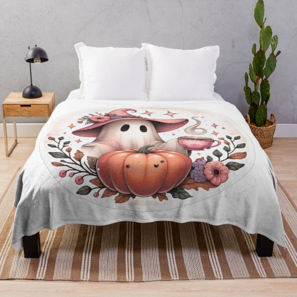 Item preview, Ghost with pumpkin and cup of coffee among flowers. designed and sold by MagelliShop.