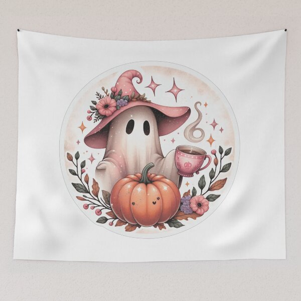 Item preview, Ghost with pumpkin and cup of coffee among flowers. designed and sold by MagelliShop.