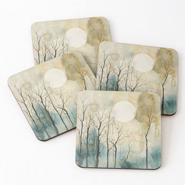 Artikelvorschau, Mondbeschienener Wald mit kahlen Bäumen – Aquarell-Nachtlandschaft entworfen und verkauft von solynneart.