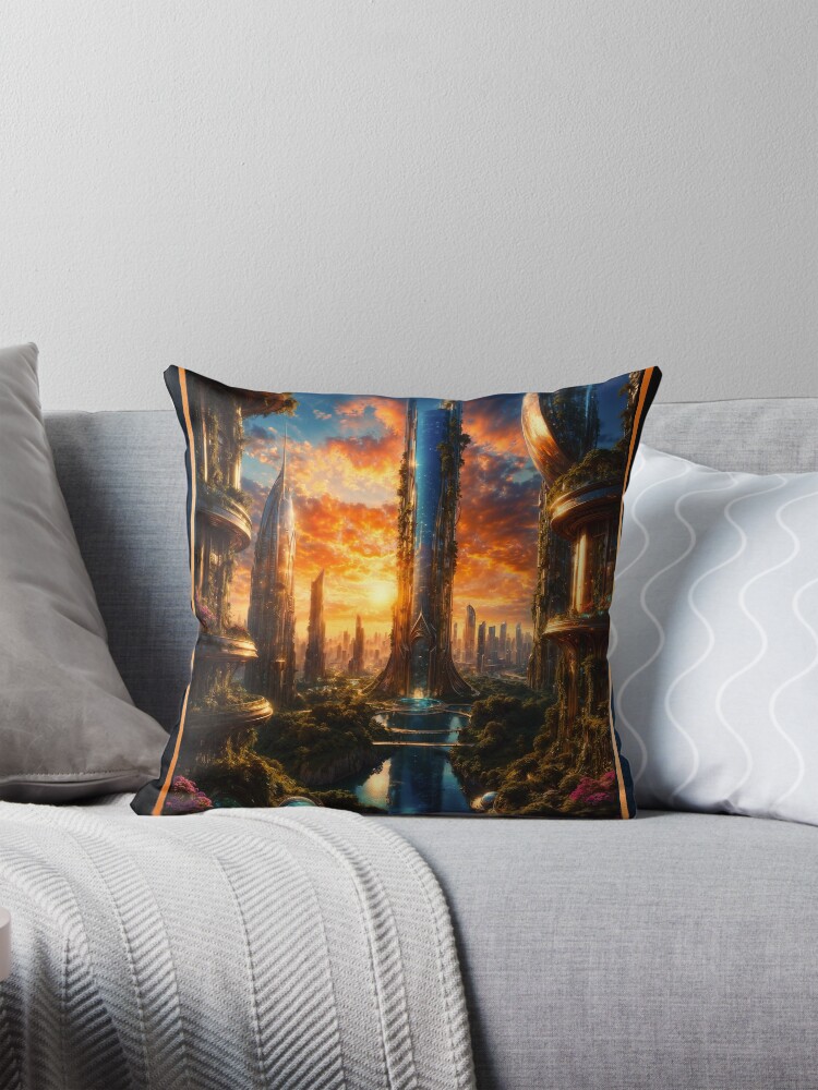 The Glopcian Tower In The Futuristic Eco Cityscape Of Plavin Enchanting AI Concept Art by Xzendor7 Decorative Art Print Throw Pillow
