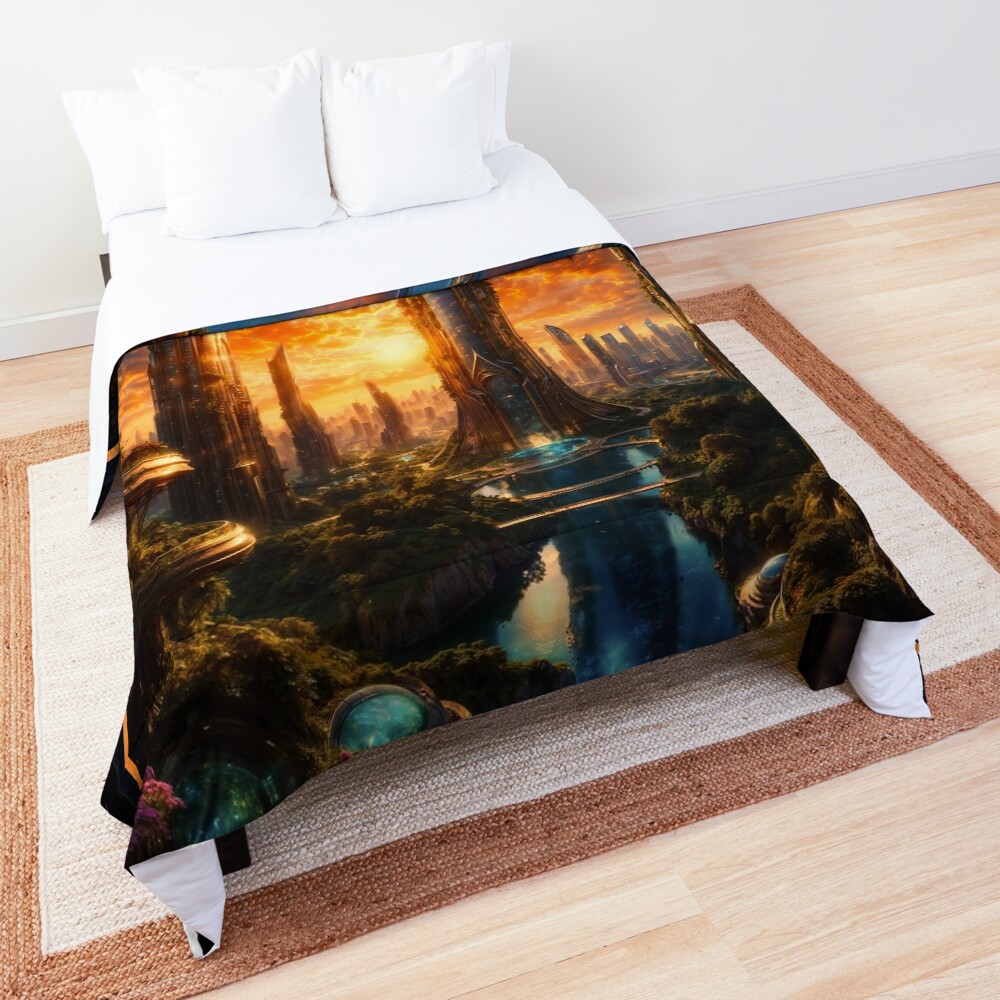 The Glopcian Tower In The Futuristic Eco Cityscape Of Plavin Enchanting AI Concept Art by Xzendor7 Decorative Art Print Comforter