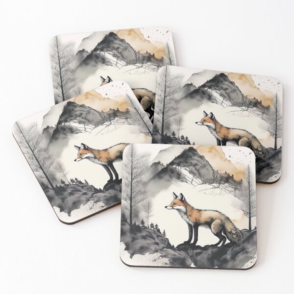 Item preview, Watercolor landscape painting, fox, animal in the wild, picturesque cityscape, watercolor, mountain landscape, mountain, serenity, calming,  beautiful landscape, skyline designed and sold by navitalidesign.