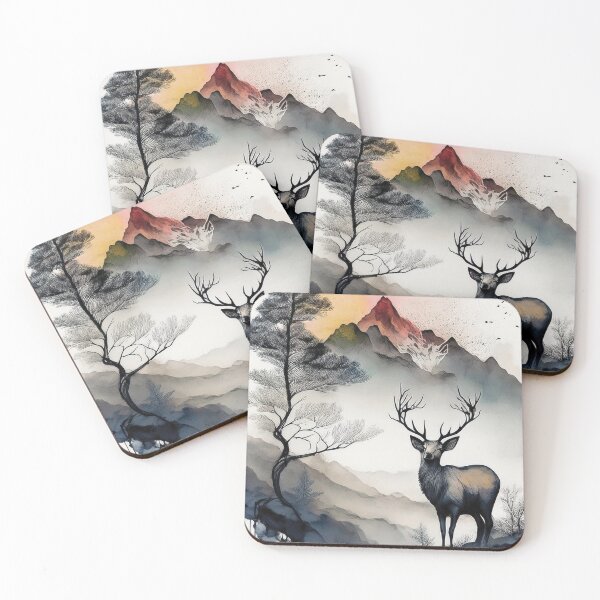 Item preview, Watercolor landscape painting, deer, animal in the wild, picturesque cityscape, watercolor, mountain landscape, mountain, serenity, calming,  beautiful landscape, skyline designed and sold by navitalidesign.