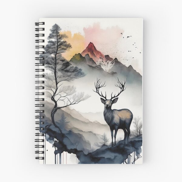 Item preview, Watercolor landscape painting, deer, animal in the wild, picturesque cityscape, watercolor, mountain landscape, mountain, serenity, calming,  beautiful landscape, skyline designed and sold by navitalidesign.
