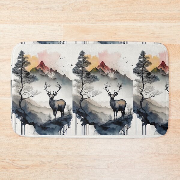 Item preview, Watercolor landscape painting, deer, animal in the wild, picturesque cityscape, watercolor, mountain landscape, mountain, serenity, calming,  beautiful landscape, skyline designed and sold by navitalidesign.