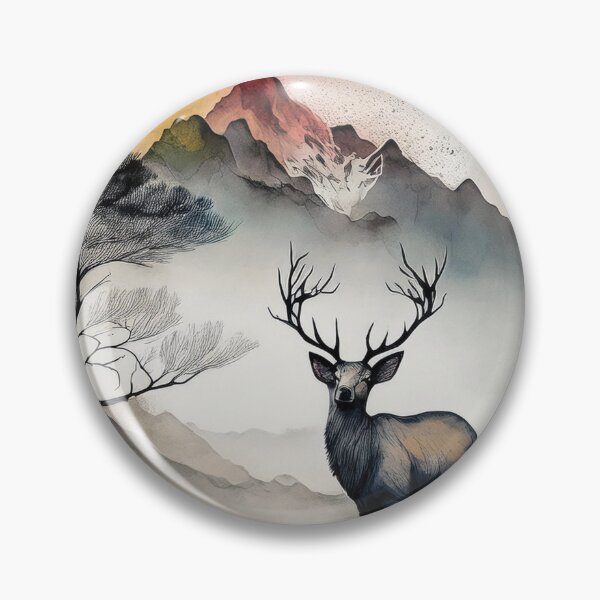 Item preview, Watercolor landscape painting, deer, animal in the wild, picturesque cityscape, watercolor, mountain landscape, mountain, serenity, calming,  beautiful landscape, skyline designed and sold by navitalidesign.