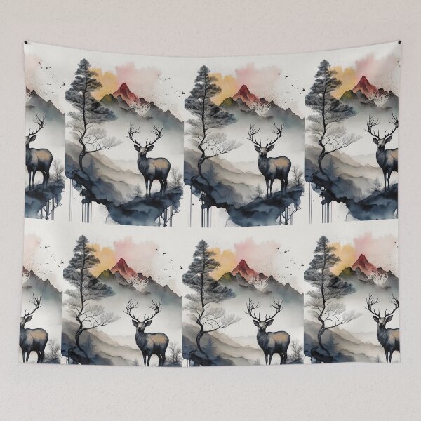 Item preview, Watercolor landscape painting, deer, animal in the wild, picturesque cityscape, watercolor, mountain landscape, mountain, serenity, calming,  beautiful landscape, skyline designed and sold by navitalidesign.
