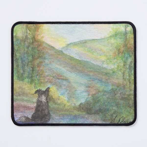 Item preview, A Border Collie dog looks out at the hills towering above him. designed and sold by SusanAlisonArt.