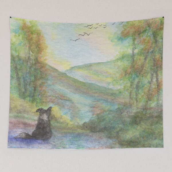 Item preview, A Border Collie dog looks out at the hills towering above him. designed and sold by SusanAlisonArt.