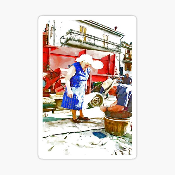 Item preview, Man and woman peasants next to the thresher machine designed and sold by Giuseppe Cocco.
