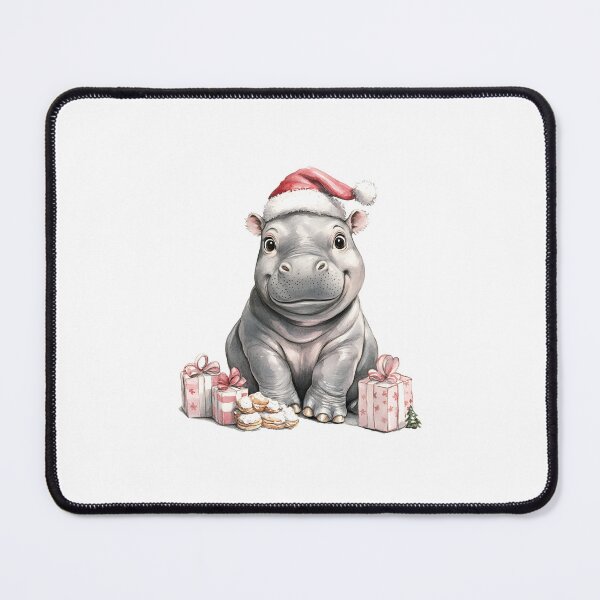 Item preview, A Christmas Hippo in a Santa hat sits on the floor, with presents, cookies and toys surrounding the hippo designed and sold by ArtHeilika.