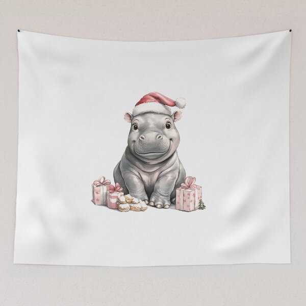 Item preview, A Christmas Hippo in a Santa hat sits on the floor, with presents, cookies and toys surrounding the hippo designed and sold by ArtHeilika.