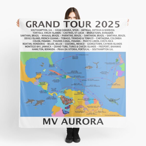 P@O 2025 R501 GRAND TOUR AMAZON & CARIBBEAN CRUISE FULLY ILLUSTRATED ROUTE MAP Scarf