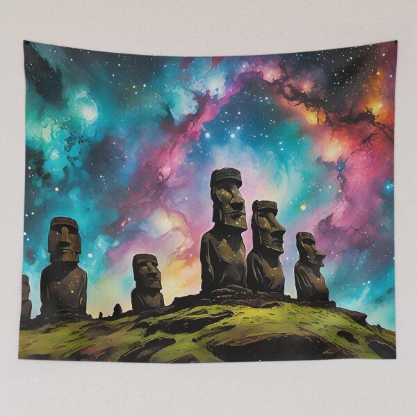 Item preview, Moai statues with galaxy sky background designed and sold by HardToFindMerchandise.