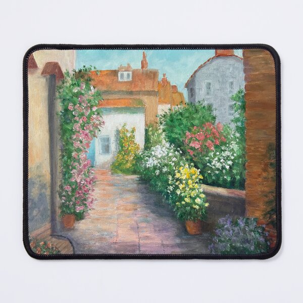 Item preview, Colorful Village Scene Oil Painting. Quaint buildings with roof tiles and flowering shrubs. designed and sold by KarenZuk.