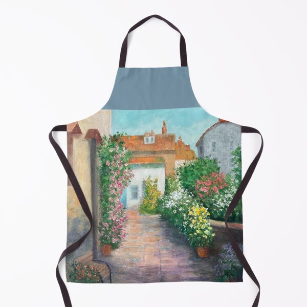 Item preview, Colorful Village Scene Oil Painting. Quaint buildings with roof tiles and flowering shrubs. designed and sold by KarenZuk.