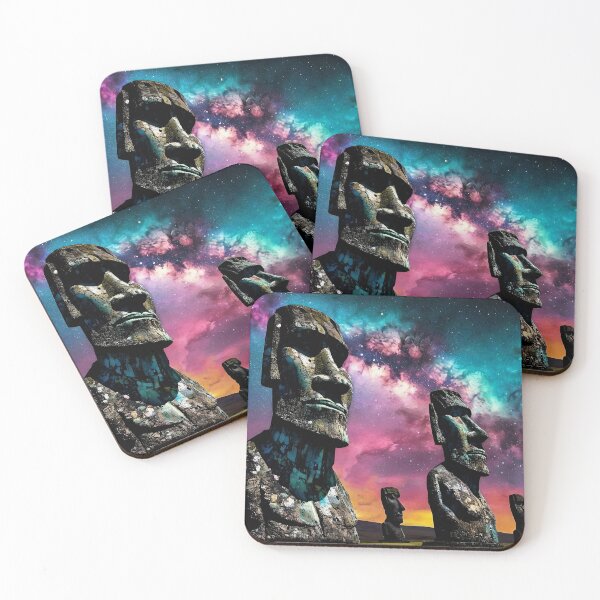 Item preview, Moai Statues oil painted style landscape art deco with galaxy sky. designed and sold by HardToFindMerchandise.