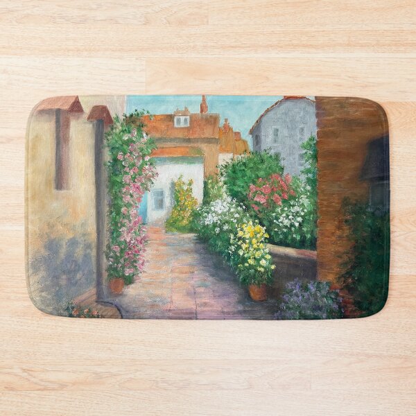 Item preview, Colorful Village Scene Oil Painting. Quaint buildings with roof tiles and flowering shrubs. designed and sold by KarenZuk.
