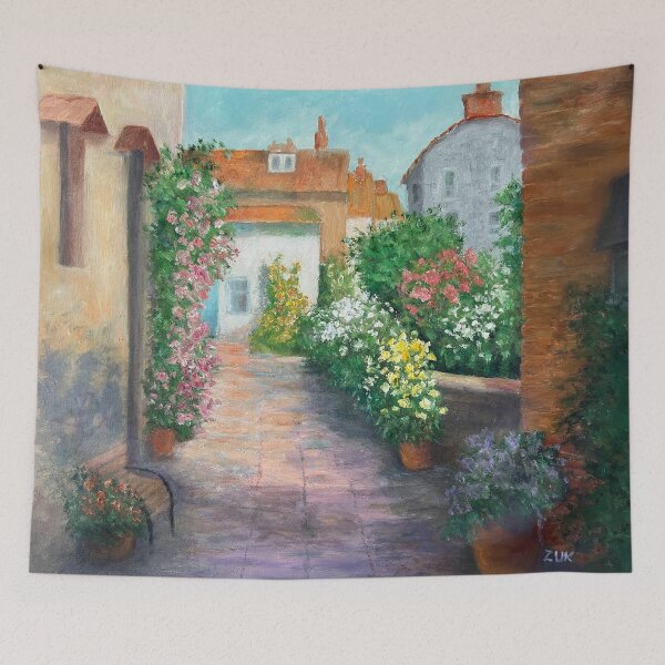 Item preview, Colorful Village Scene Oil Painting. Quaint buildings with roof tiles and flowering shrubs. designed and sold by KarenZuk.