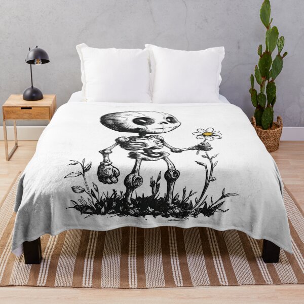 Item preview,  Sketch of a stylized skeleton of an alien. The character is holding a flower with a yellow core. designed and sold by ArtHeilika.