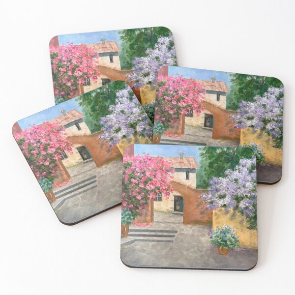 Item preview, Blooming Shrubs and Stone Buildings Oil Painting. Colorful buildings with stone walkways and flowering shrubs. designed and sold by KarenZuk.