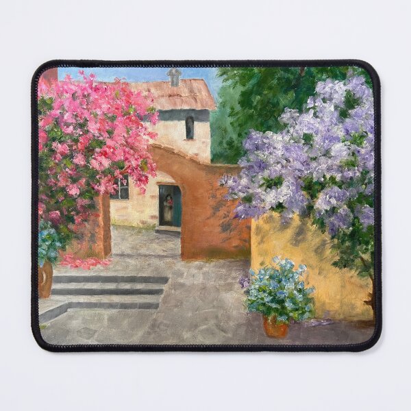 Item preview, Blooming Shrubs and Stone Buildings Oil Painting. Colorful buildings with stone walkways and flowering shrubs. designed and sold by KarenZuk.