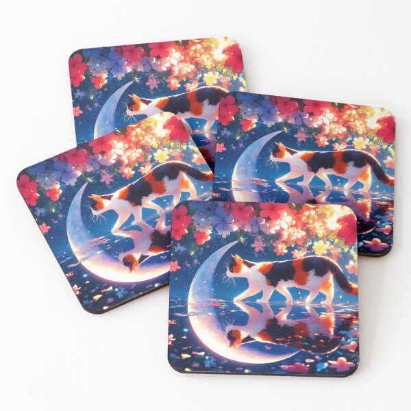 Item preview, Tricolor cat walking on water reflecting crescent moon floral night anime style designed and sold by EmeraldeaArt.