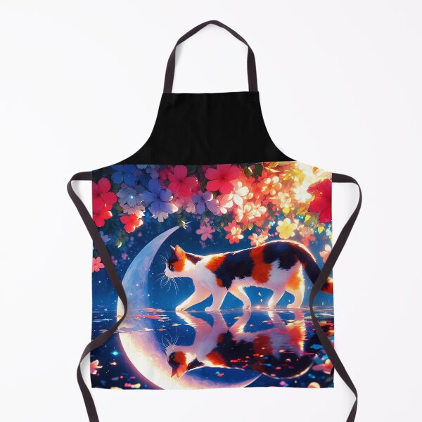 Item preview, Tricolor cat walking on water reflecting crescent moon floral night anime style designed and sold by EmeraldeaArt.
