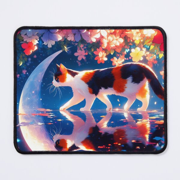 Item preview, Tricolor cat walking on water reflecting crescent moon floral night anime style designed and sold by EmeraldeaArt.