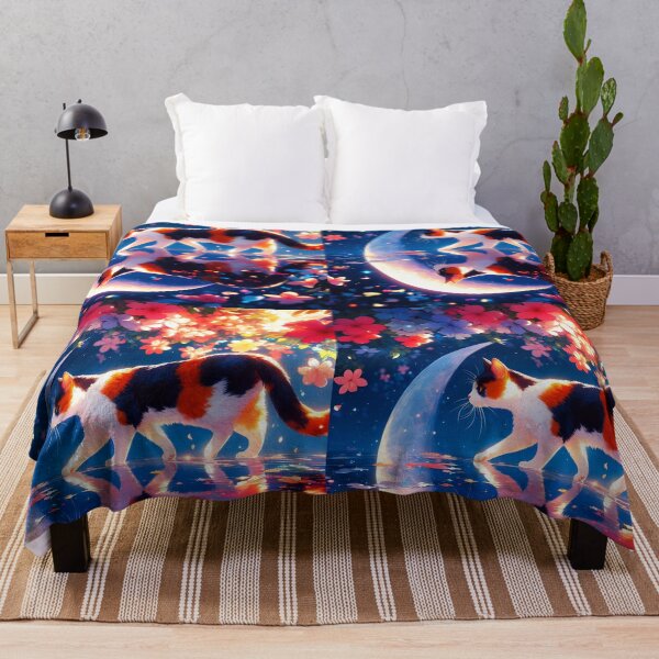 Item preview, Tricolor cat walking on water reflecting crescent moon floral night anime style designed and sold by EmeraldeaArt.