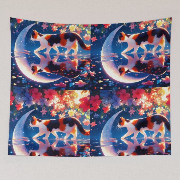 Item preview, Tricolor cat walking on water reflecting crescent moon floral night anime style designed and sold by EmeraldeaArt.
